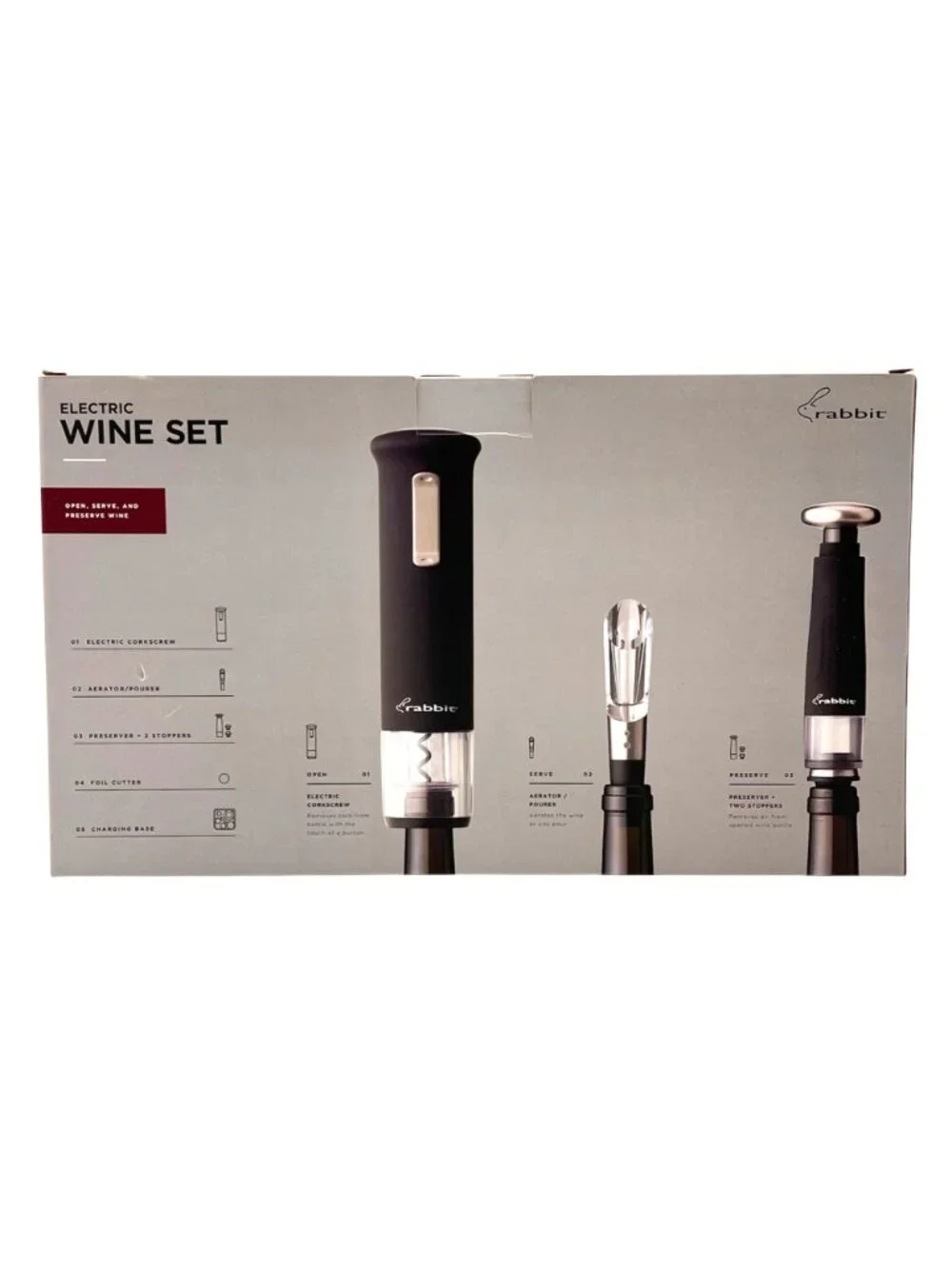 Rabbit Electric Wine Set With Corkscrew Aerator Preserver Foil Cutter Charger